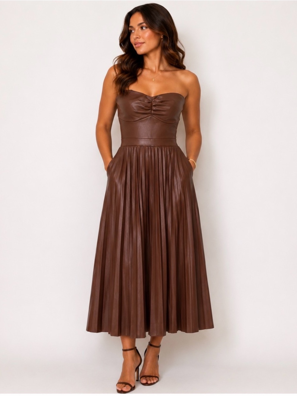 Scoop Faux Leather Pleated Midi Dress Size M 8-10 Brown Strapless Quiet Luxury